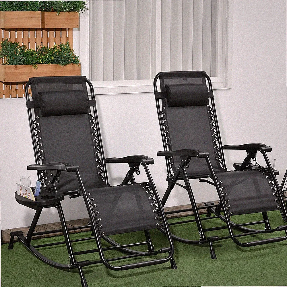 2 Outdoor Rocking Chairs Foldable Reclining Zero Gravity Lounge Rockers