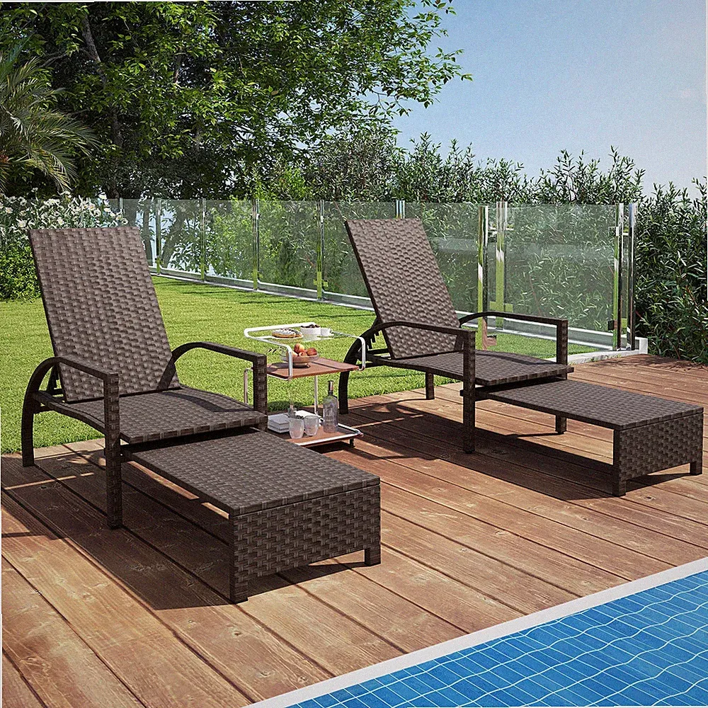 2PCS Patio Chaise Lounge Outdoor Rattan Recliner with Retractable Ottoman Garden