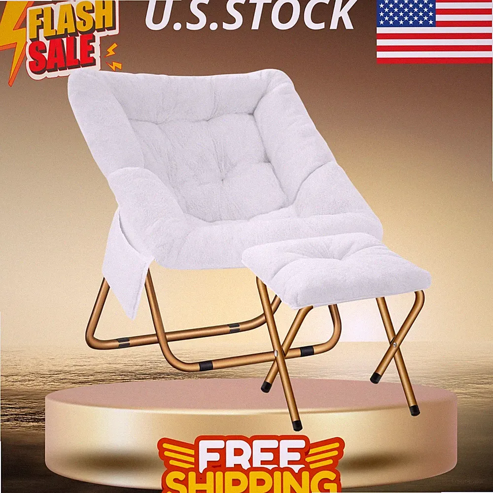 Comfy Saucer Chair XL Foldable Faux Fur Lounge Chair for Bedroom White