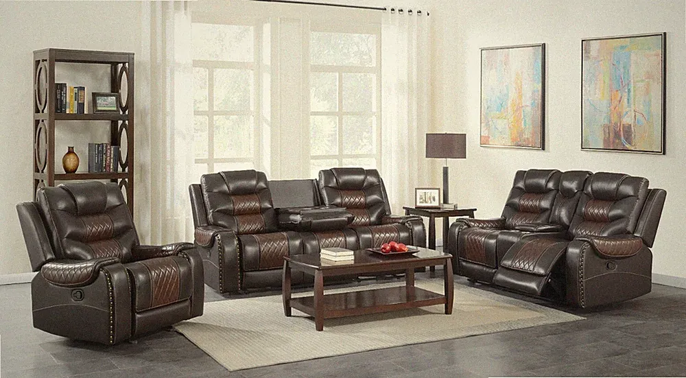 LUXURY Two-Tone 3PC Brown Sofa Loveseat Chair Leather 5-Recliner Living Room Set