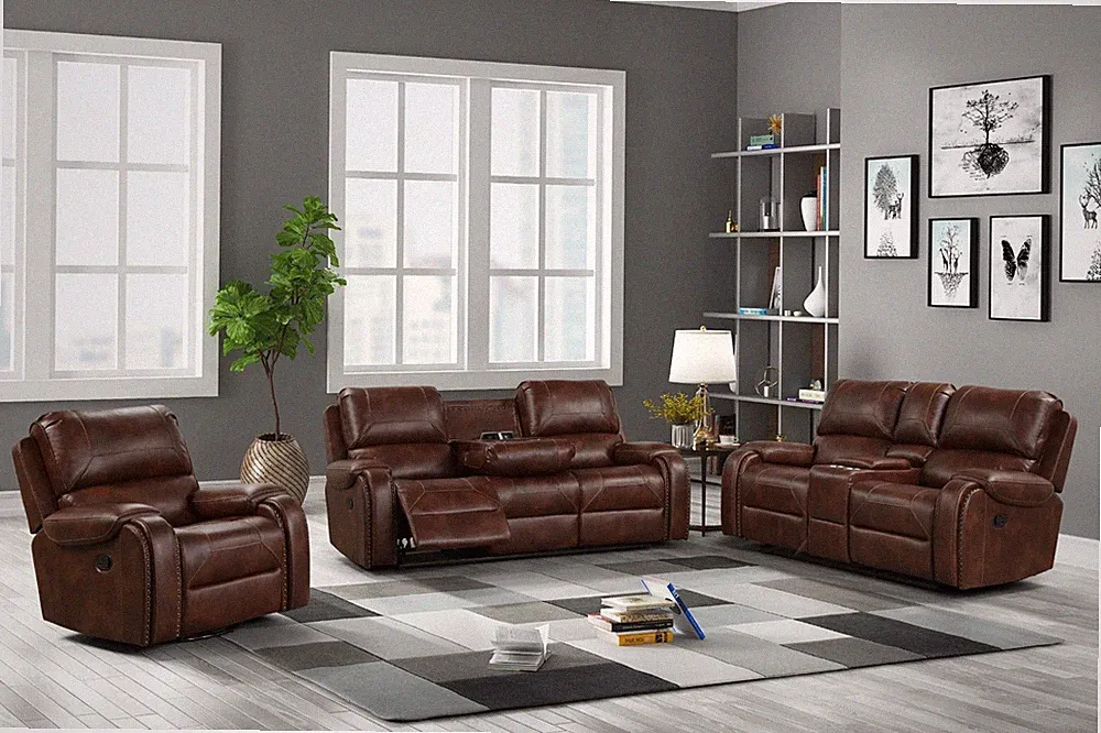 OVERSIZED 3PC Brown Sofa Loveseat Chair Leather Gel 5-Recliner Living Room Set