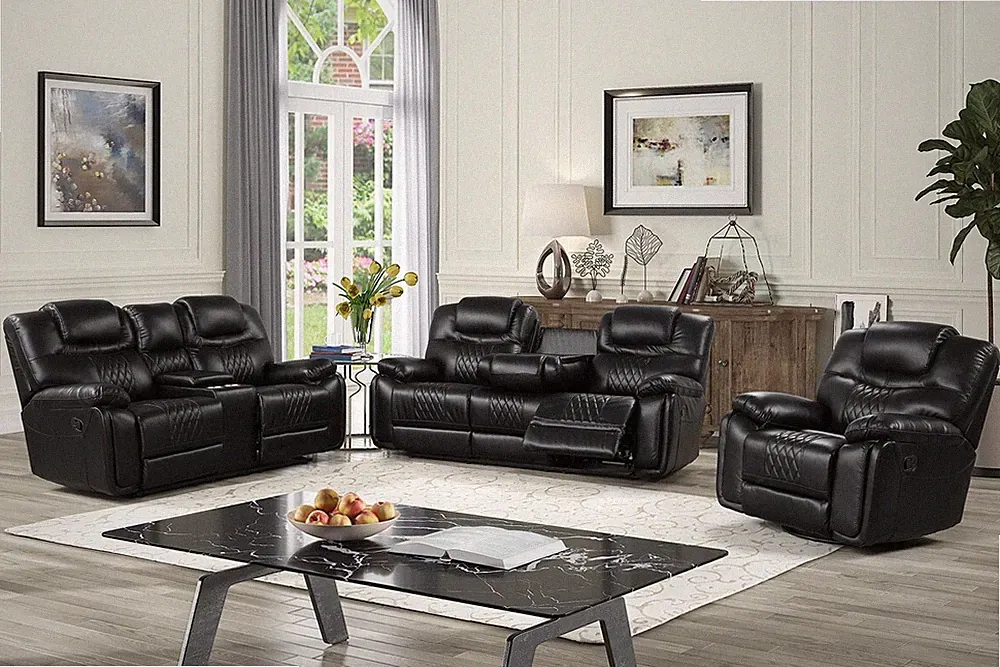 OVERSIZED 3PC Sofa Loveseat Chair Black Leather Gel Living Room 5-Recliner Set