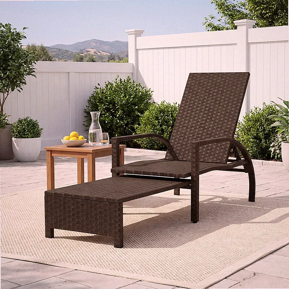 Patio Chaise Lounge Outdoor Rattan Recliner with Retractable Ottoman for Garden