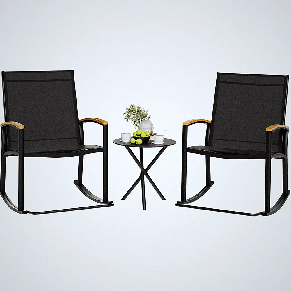 Shintenchi 3 Piece Rocking Chair Bistro Set Textilene Black Patio